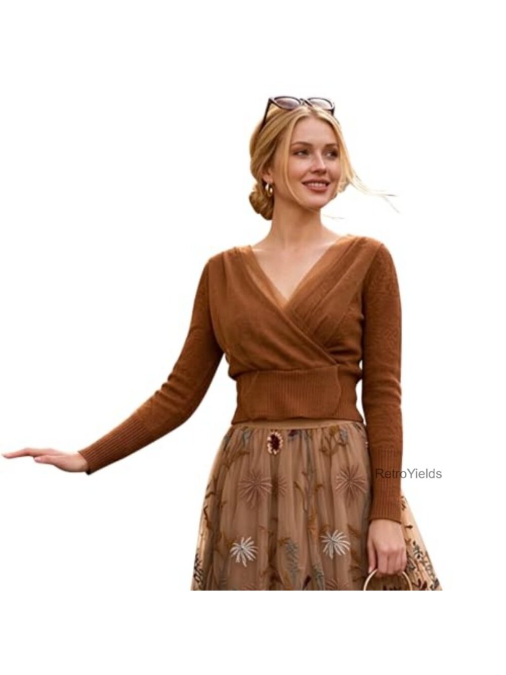 Chicwish Mesh Overlay Wrap Crop Knit Top Long Sleeve Casual